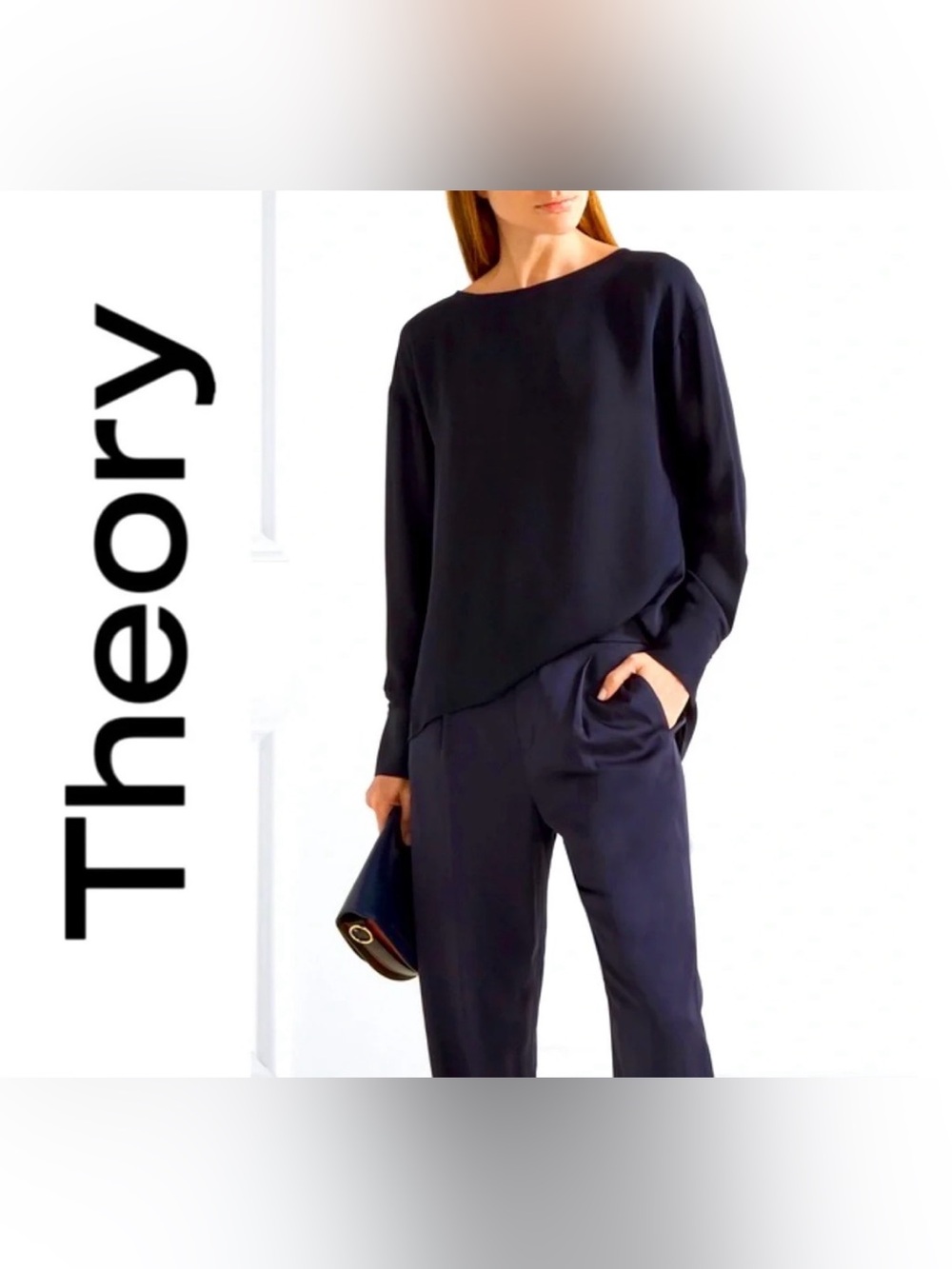 Theory Jarthstin Silk Open Split Back Long Sleeve Blouse in Navy